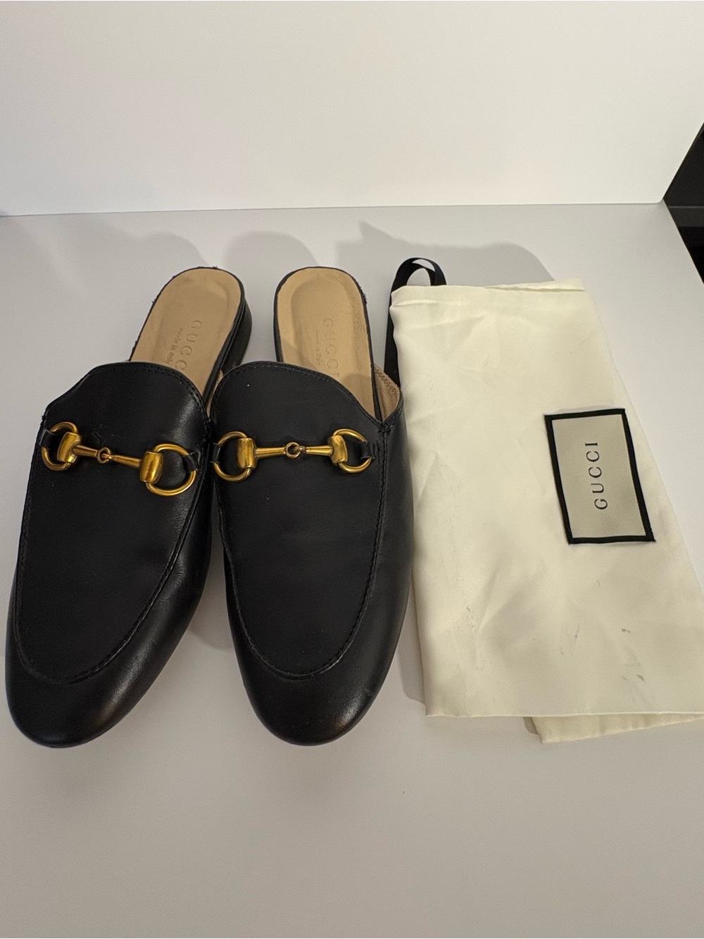 Gucci Black Leather Horsebit Mules with Gold Hardware Sz 6